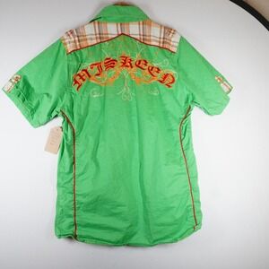 VTG Y2K Miskeen Button Up Shirt Mens XL Green Embroidered‎ Hip Hop Streetwear